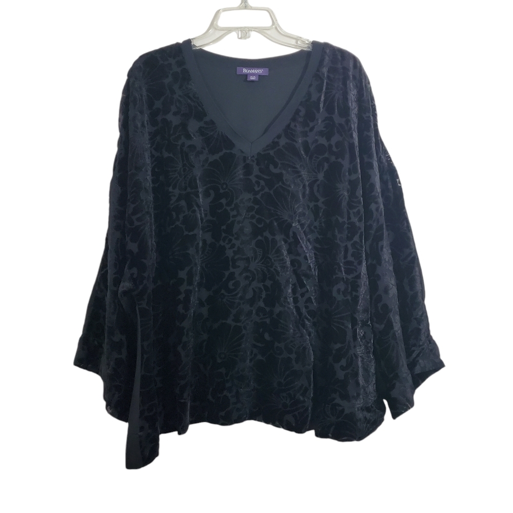 Roamans Black Velvet Burnout Blouse Top Kimono Sleeve Boho Whimsigoth Size 24W